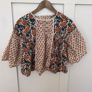 Rachel Zoe Patchwork Blouse SM Floral Cropped Bell Sleeve Cottage Peasant Boho